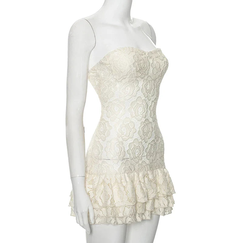 Strapless Lace Mini Dress with Ruffle - Cecelia