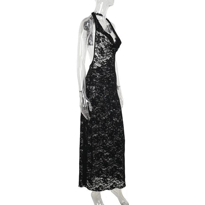 Lace Maxi Dress with Open Back and Draped Collar - Vanilia