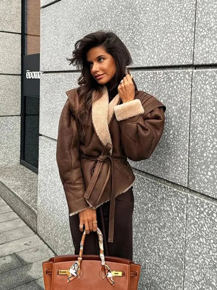 Leather coat with inner fur and belt tie design - Moran