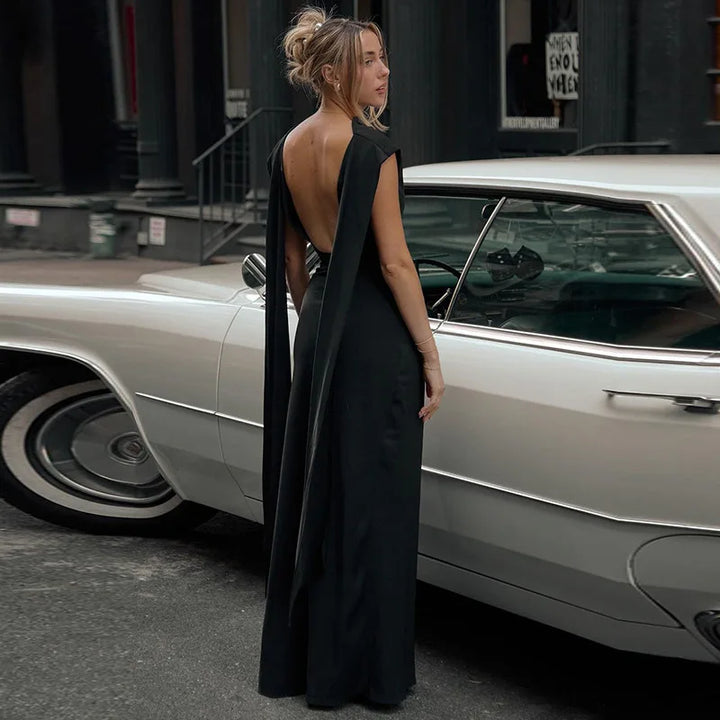 Elegant evening maxi dress with open back and train decoration - Ataret