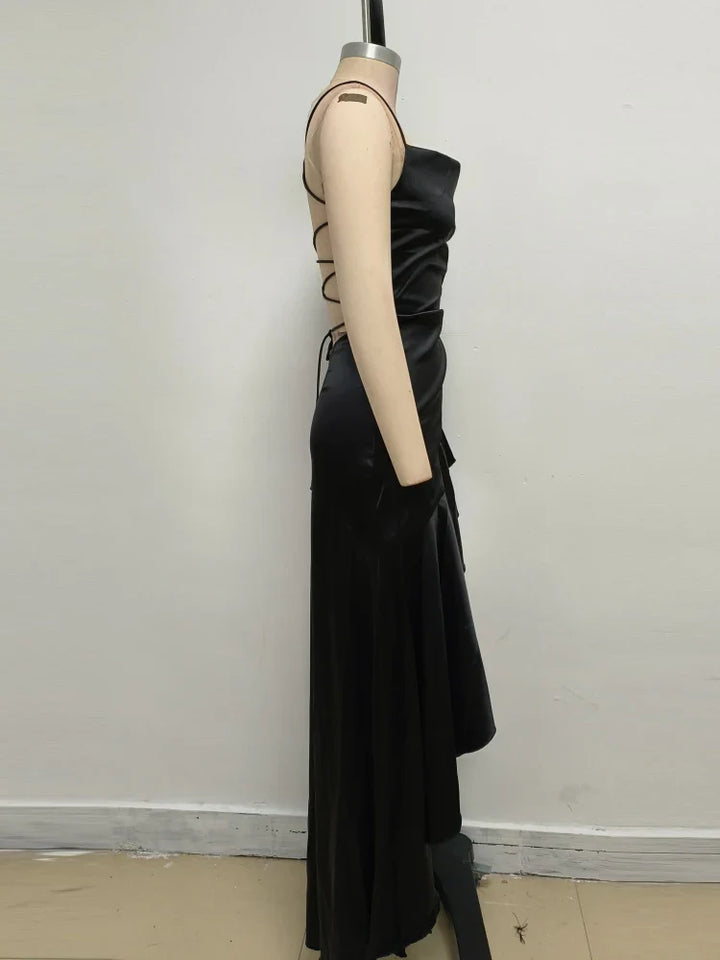 Satin ruffled maxi dress with back ties - Fabiola