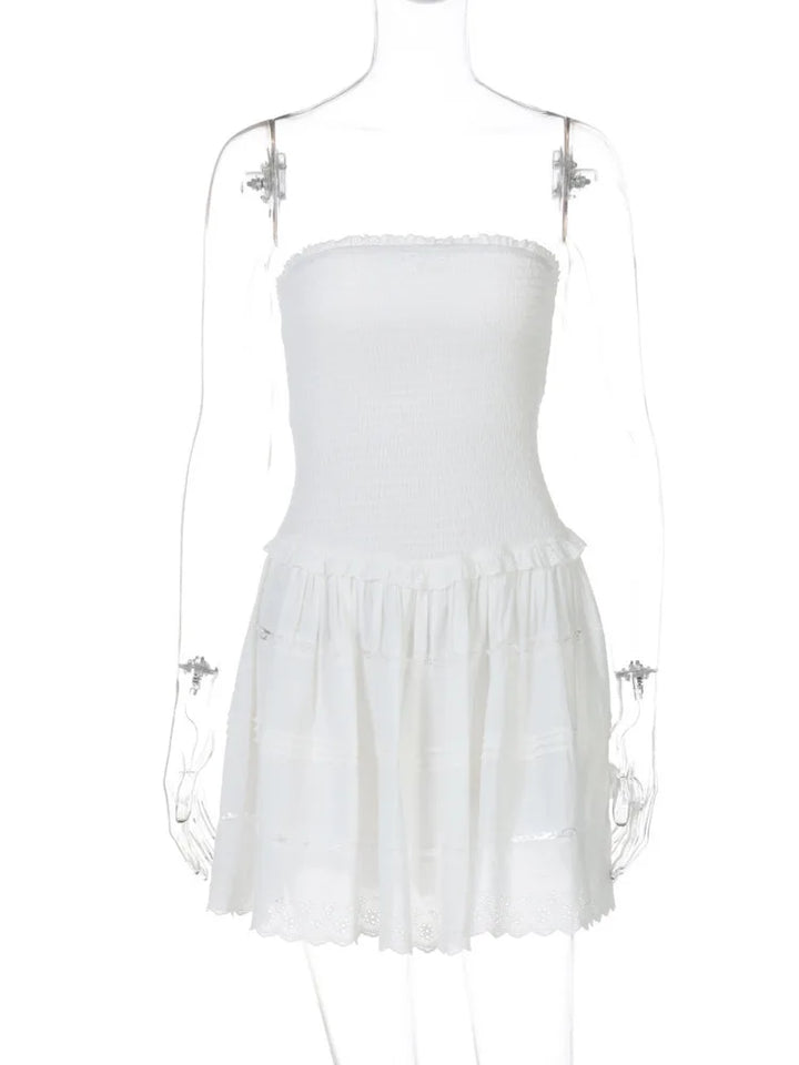 A-Line Strapless Mini Dress with Ruching and Lace Detail - Lavin