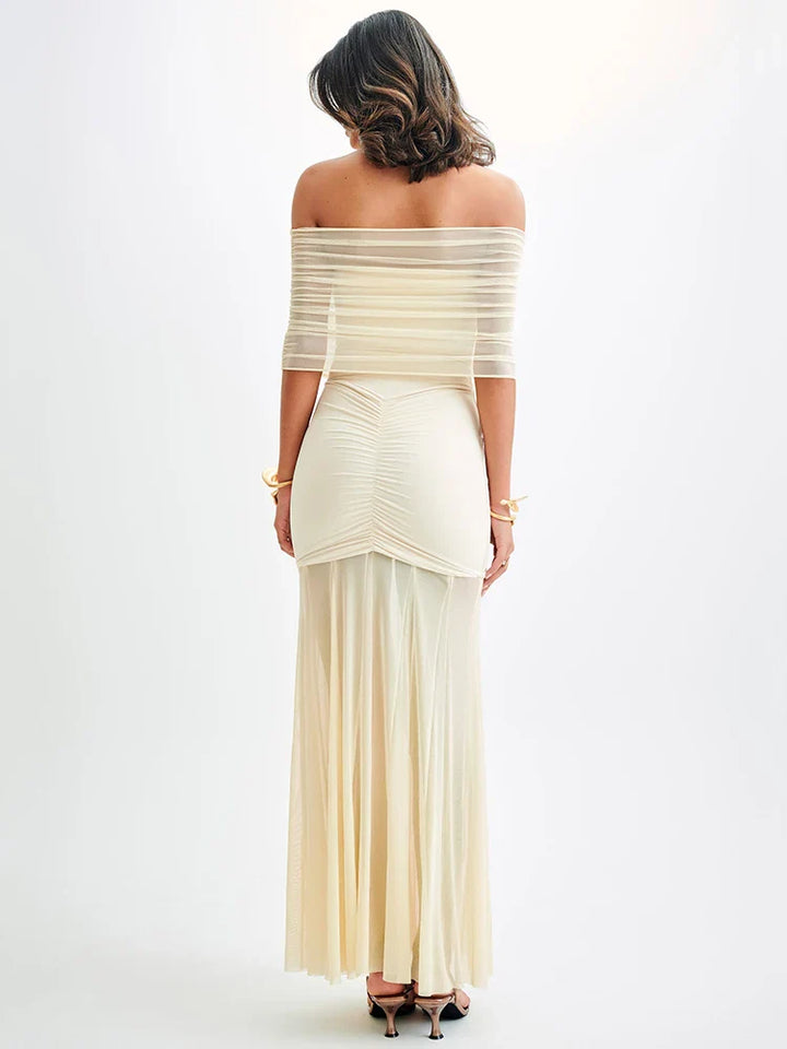 Chiffon Maxi Dress with Gathered Off-the-Shoulder Design - Delilah
