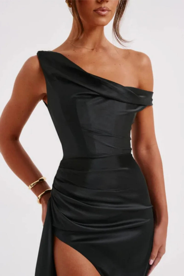 Satin Maxi Dress with Slit and One Shoulder Design - Emiliana