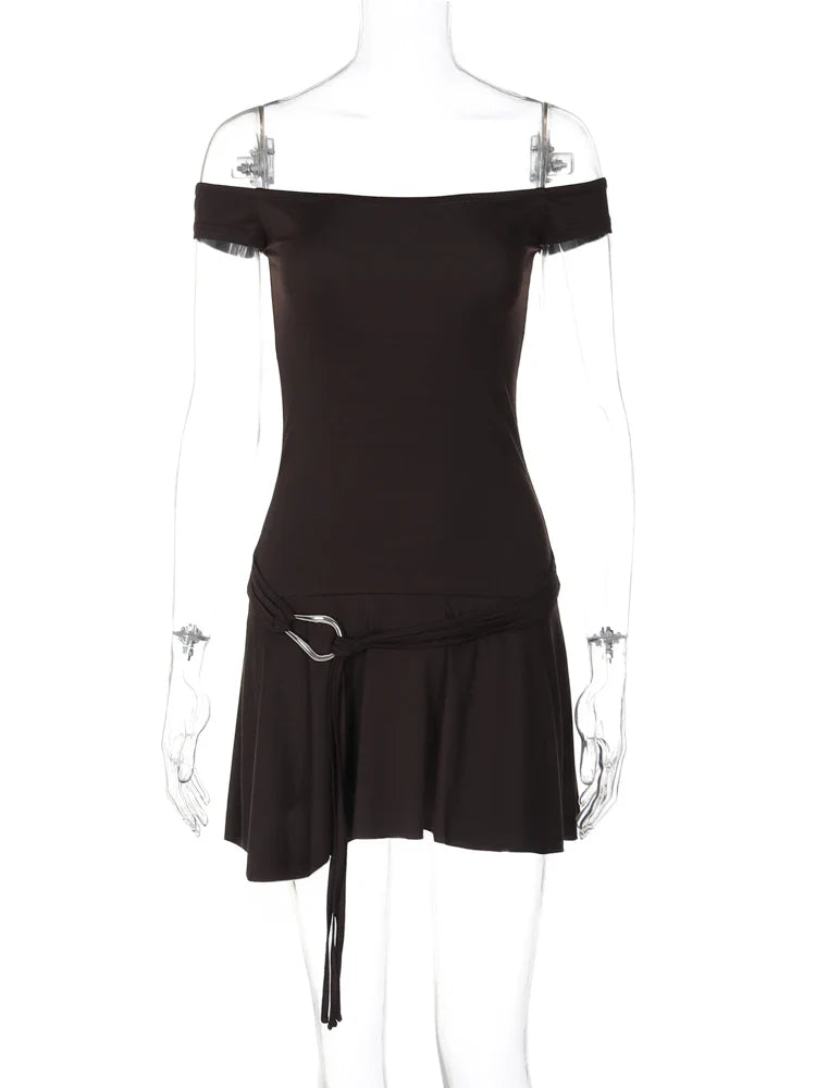 Mini Dress with Waist Belt Detail and Off-Shoulder Design - Antonella