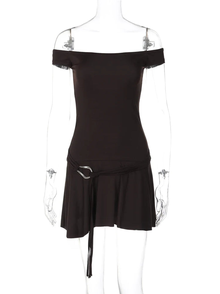 Mini Dress with Waist Belt Detail and Off-Shoulder Design - Antonella