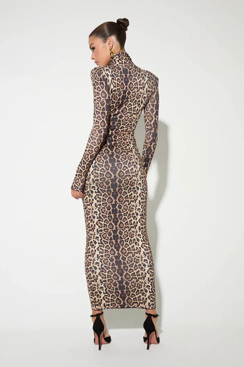 Leopard print maxi dress with turtleneck - Madlen