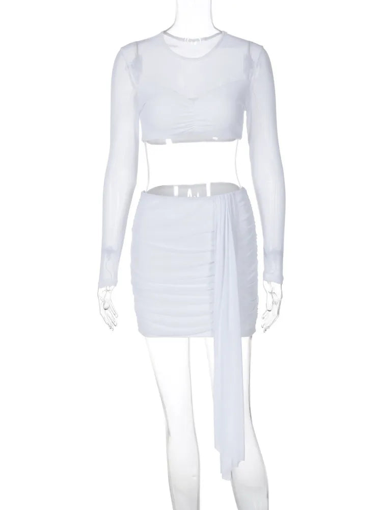 Two-piece set mini ruched skirt with train and mesh top with ruching design - Britney