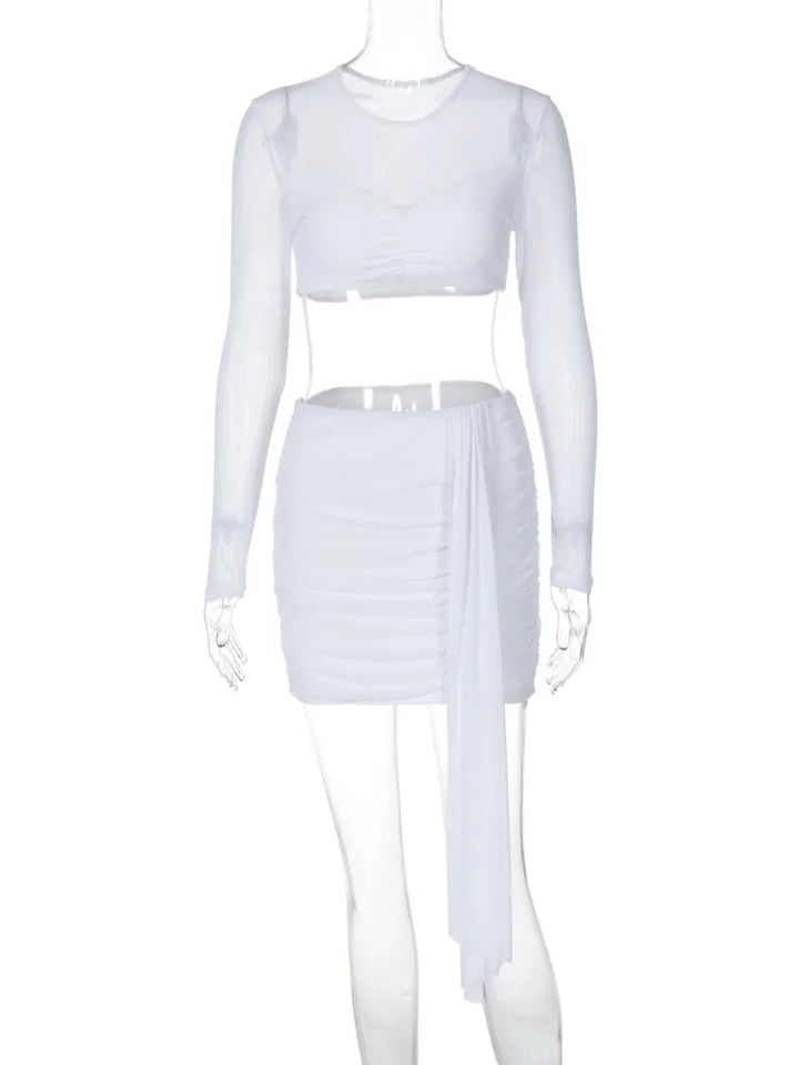 Two-piece set mini ruched skirt with train and mesh top with ruching design - Britney
