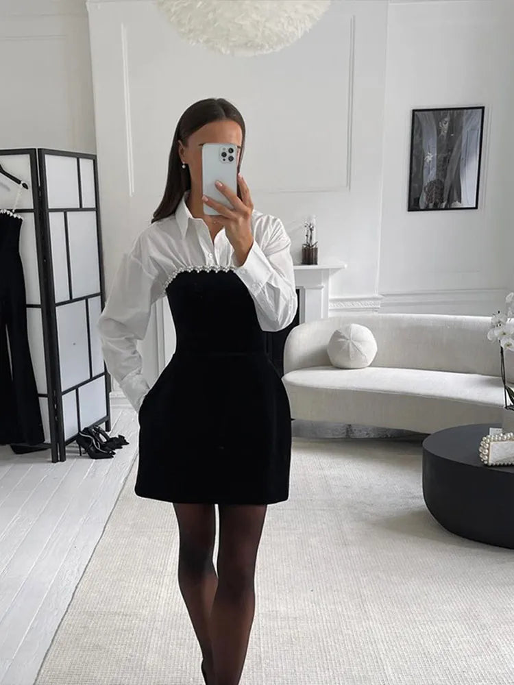 Velvet Mini Dress with Pearl Embellishment - Vera