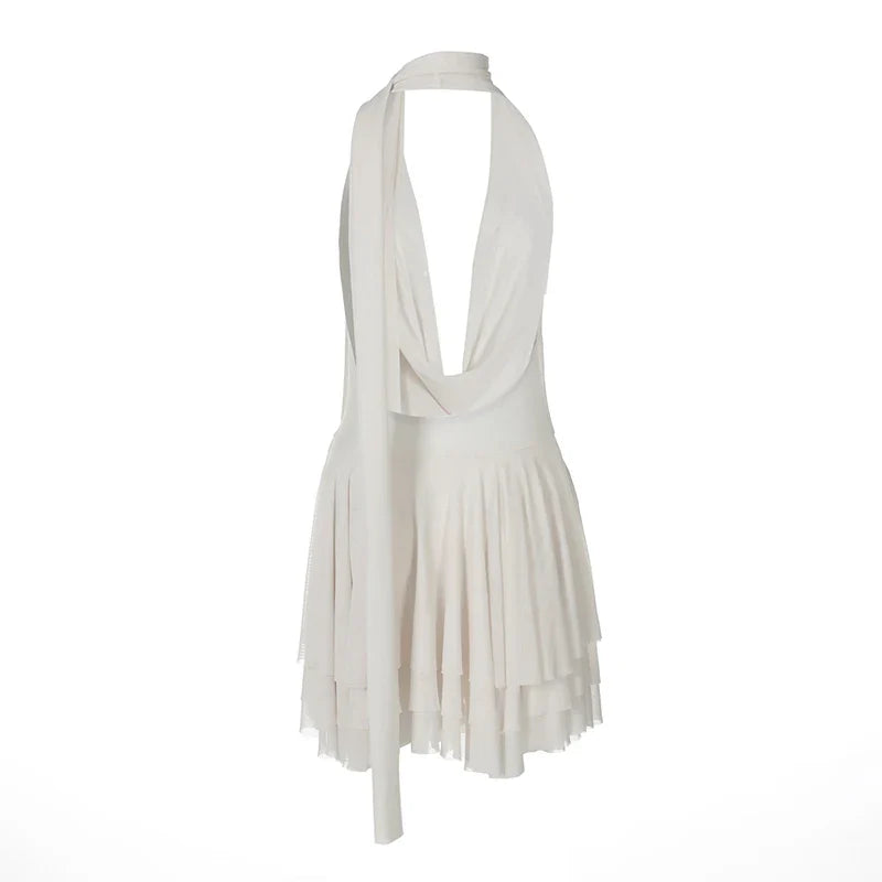 Chiffon Mini Dress with Ruffle, Open Back, Dropped Collar, and Matching Scarf Decoration - Lexi