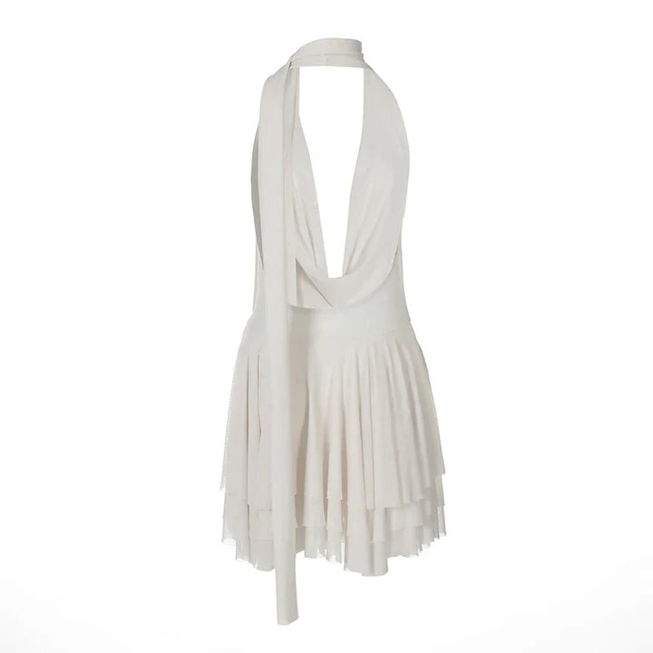 Chiffon Mini Dress with Ruffle, Open Back, Dropped Collar, and Matching Scarf Decoration - Lexi