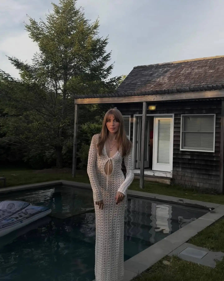Crochet Maxi Dress with Tie Detail on Chest - Halo