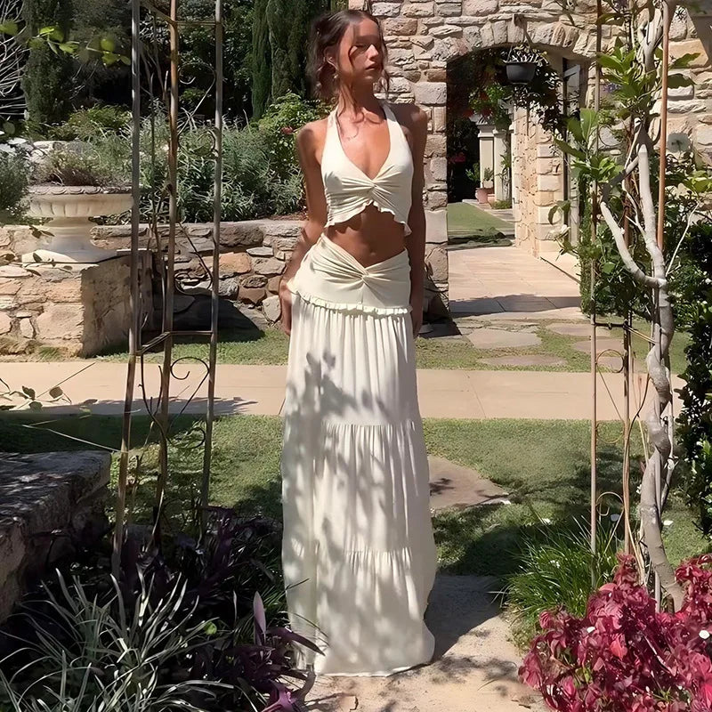 Two-piece set maxi skirt and neck tie top - Lorenza