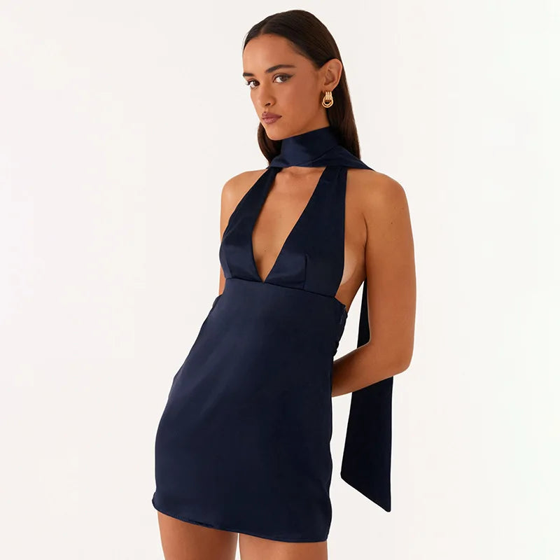Satin mini dress with V neckline decorated with matching scarf - Karina