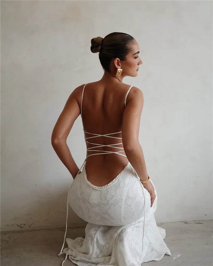 Chiffon Maxi Dress with Leaf Embroidery and Back Tie Design - BLANCA