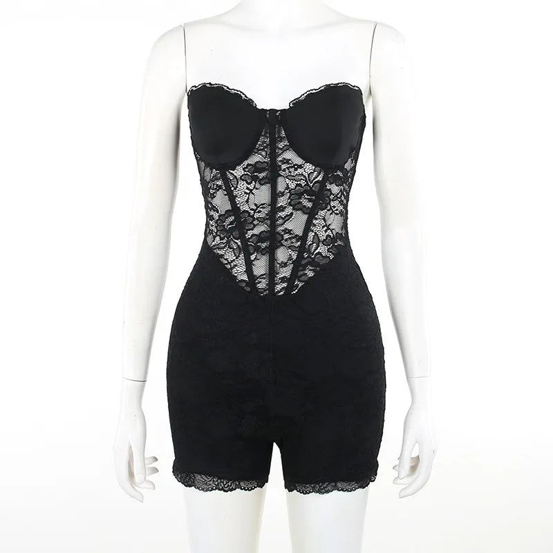 Strapless short pants jumpsuit with lace corset detail - Alex