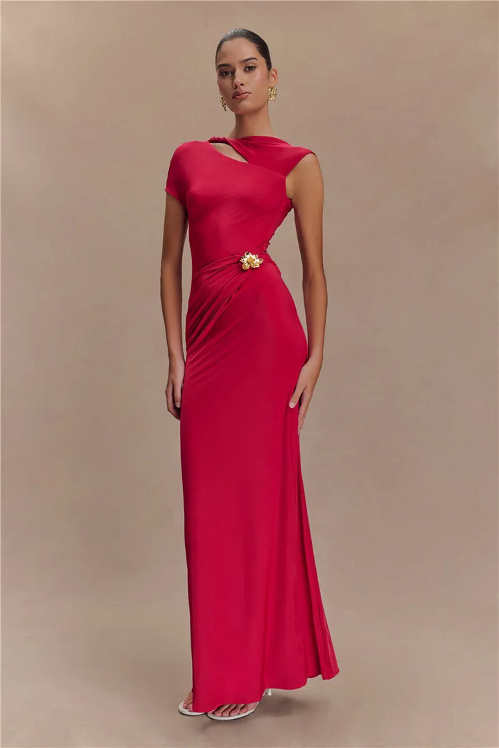 Elegant Maxi Dress with Ruching, One Sleeve, and Buckle Detail - Agatha