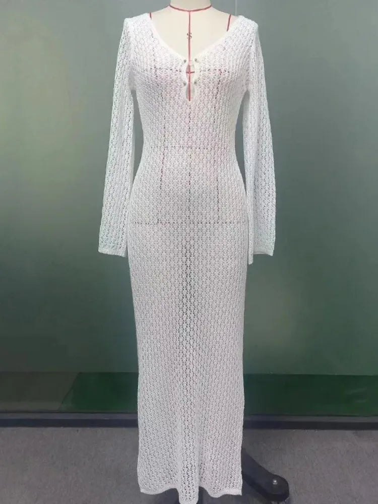Knitted Maxi Beach Dress with Open Back and Pearl Pin Decoration - Lina