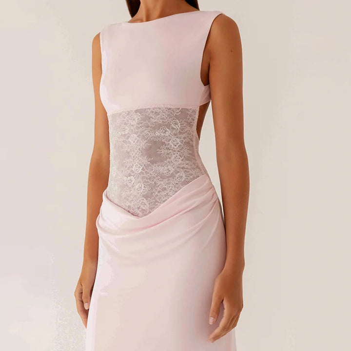 Maxi Dress with Lace and Pleats, Open Back - Lilin