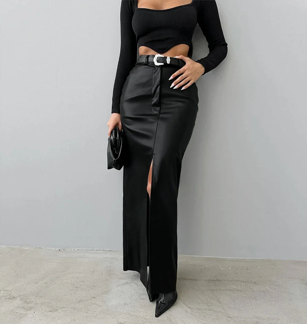 Maxi faux leather skirt with slit design - MAGEN