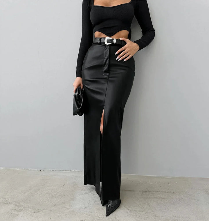 Maxi faux leather skirt with slit design - MAGEN