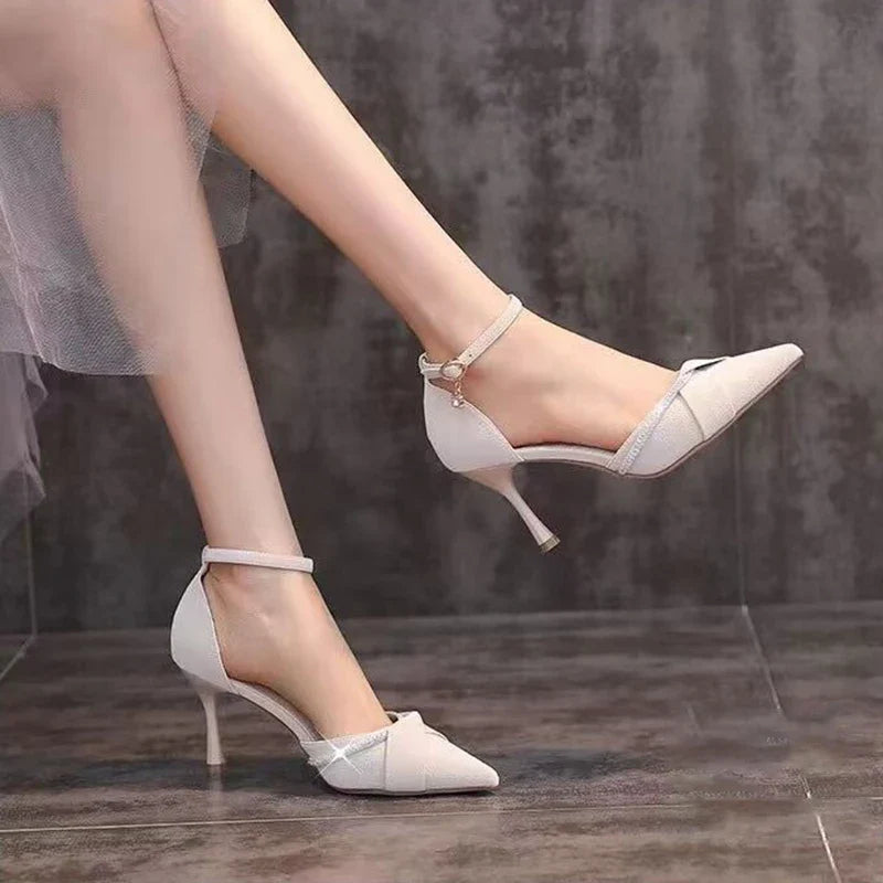 Faux Leather Pointed Heels with Rhinestone Decoration - Mila