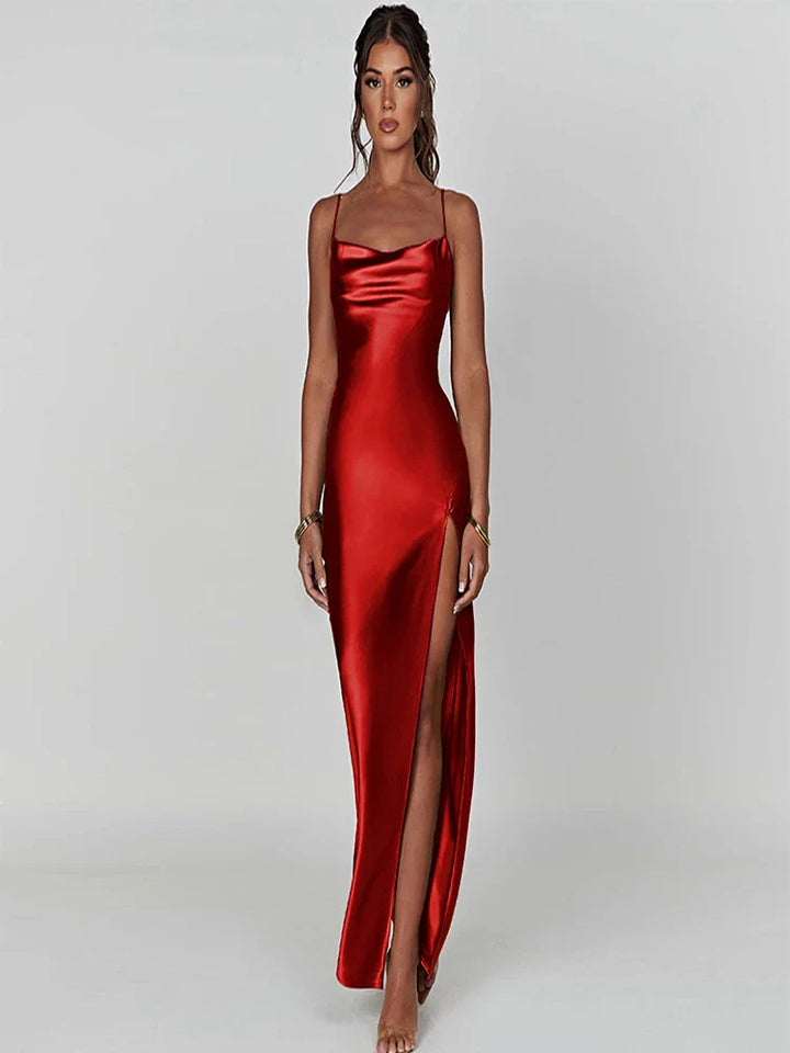 Satin Maxi Dress with Open Back Slit - Alina