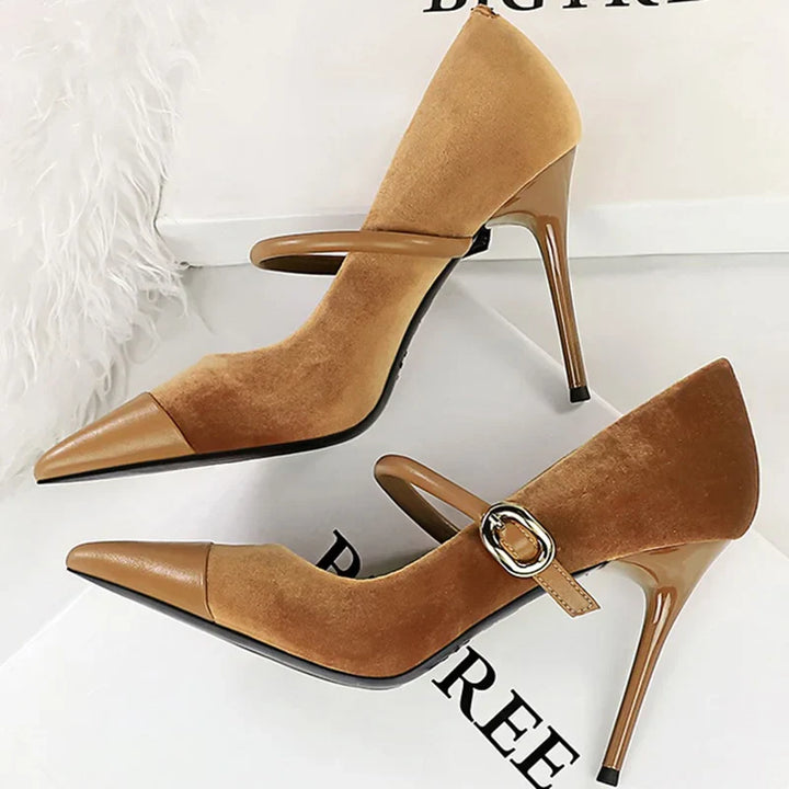 Pointed Heel Shoes with Velvet and Faux Leather Buckle Decoration - Mabel