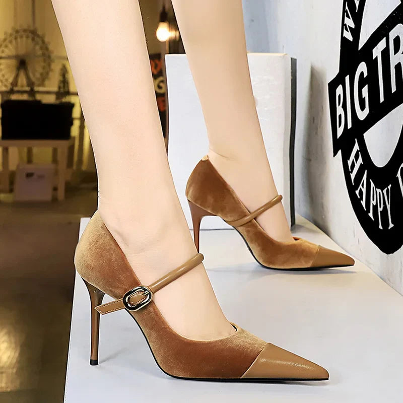 Pointed Heel Shoes with Velvet and Faux Leather Buckle Decoration - Mabel