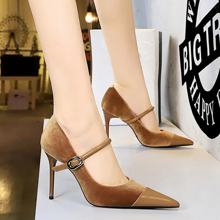 Pointed Heel Shoes with Velvet and Faux Leather Buckle Decoration - Mabel
