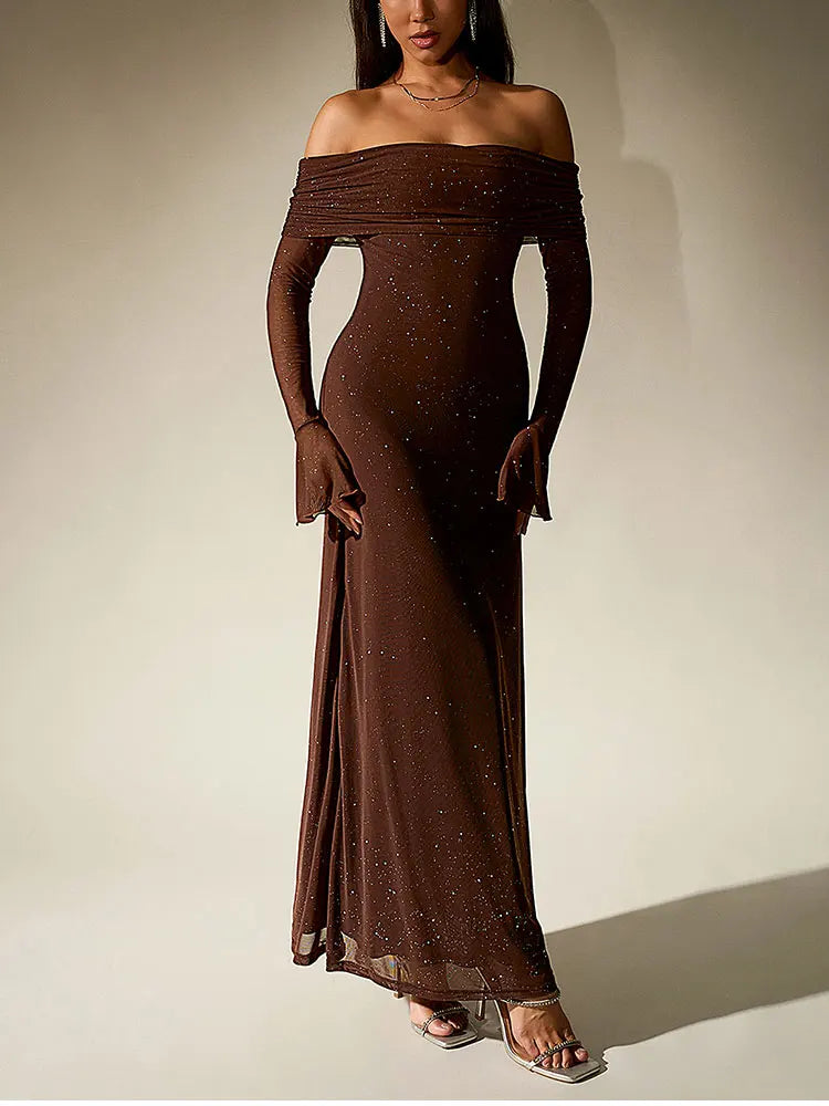 Sequin maxi dress with off-shoulder design and bell sleeves - Margarita