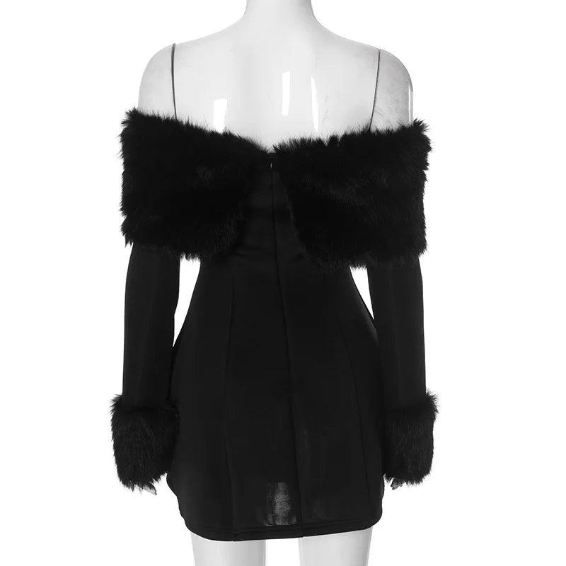 Off-shoulder A-line mini dress with feather fur detail - Ira