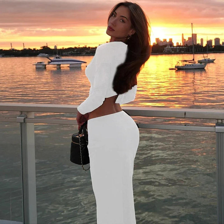 Two-piece set with top and maxi skirt with buckle design - Jessica