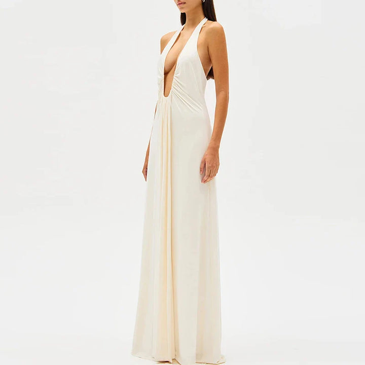 Maxi dress with deep neckline and open back - Alma