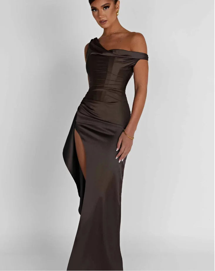 Satin Maxi Dress with Slit and One Shoulder Design - Emiliana