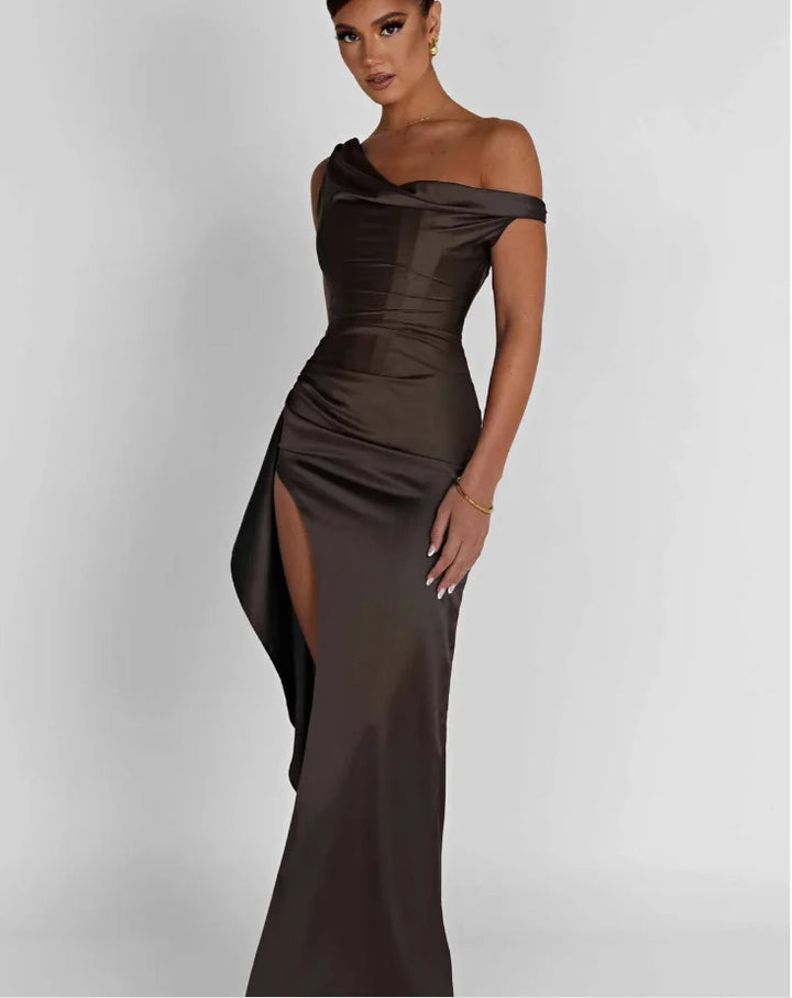 Satin Maxi Dress with Slit and One Shoulder Design - Emiliana