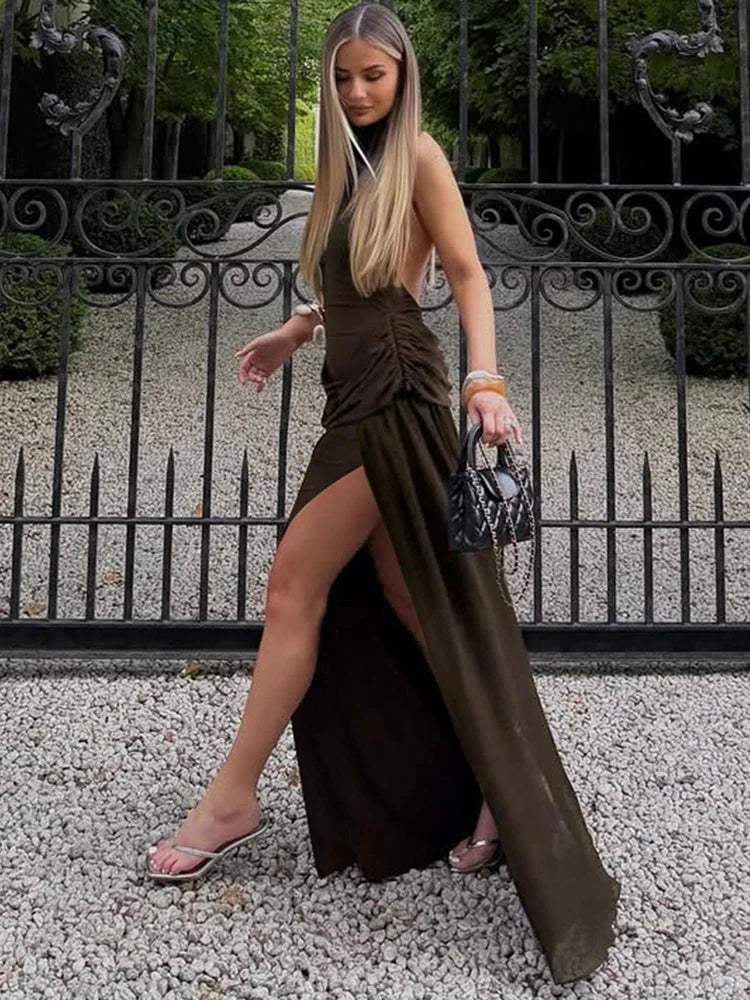 Maxi Dress with Collar, Open Back, Pleats, and Slit - Bianca