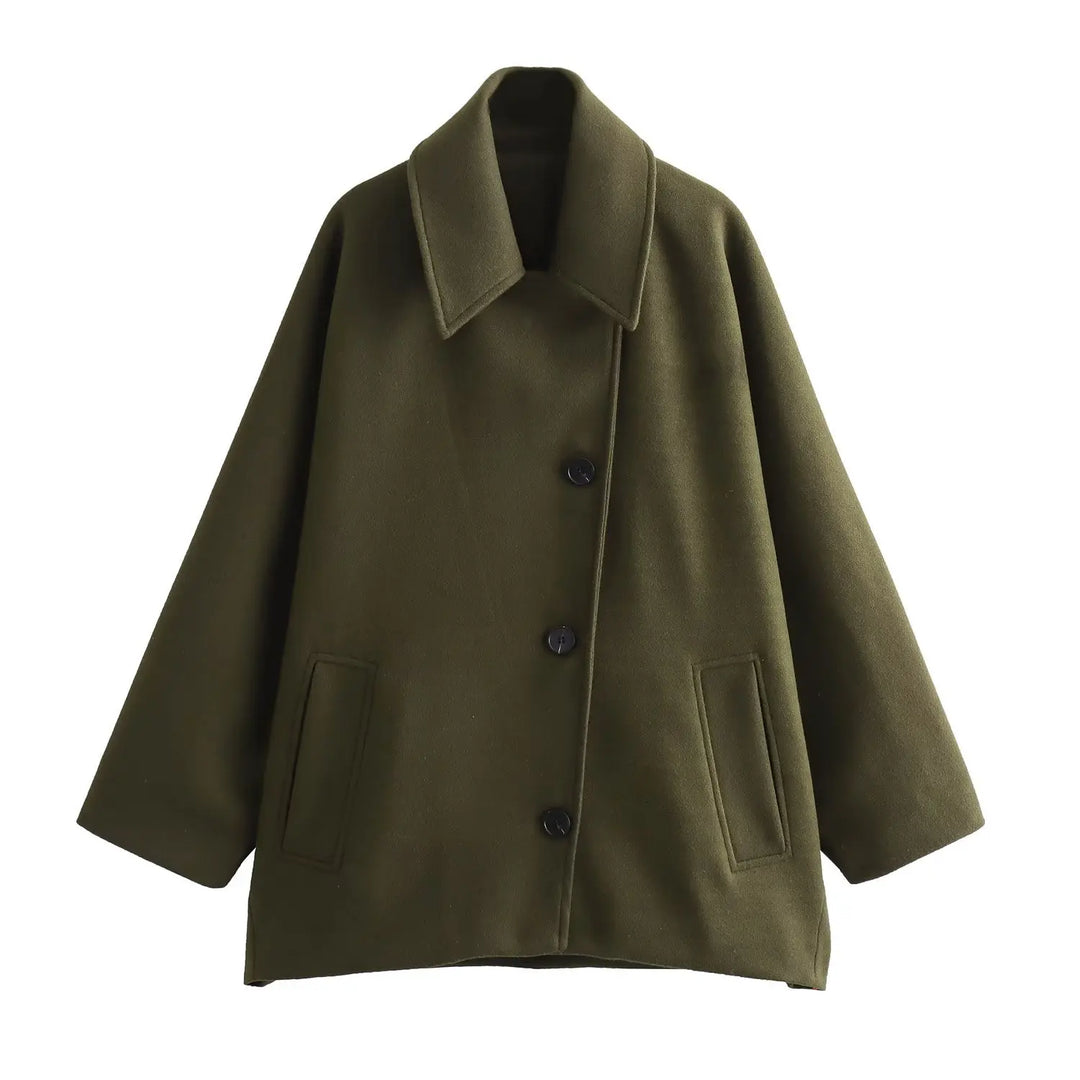 Oversized Wool Coat with Asymmetric Button Closure and Polo Collar - Hollandia