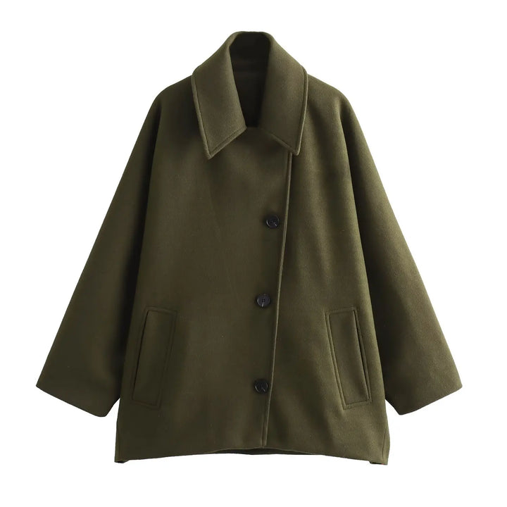 Oversized Wool Coat with Asymmetric Button Closure and Polo Collar - Hollandia