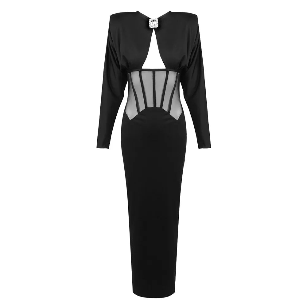 Maxi Dress with Mesh Corset Design and Diamond Buckle Decoration - AMOR