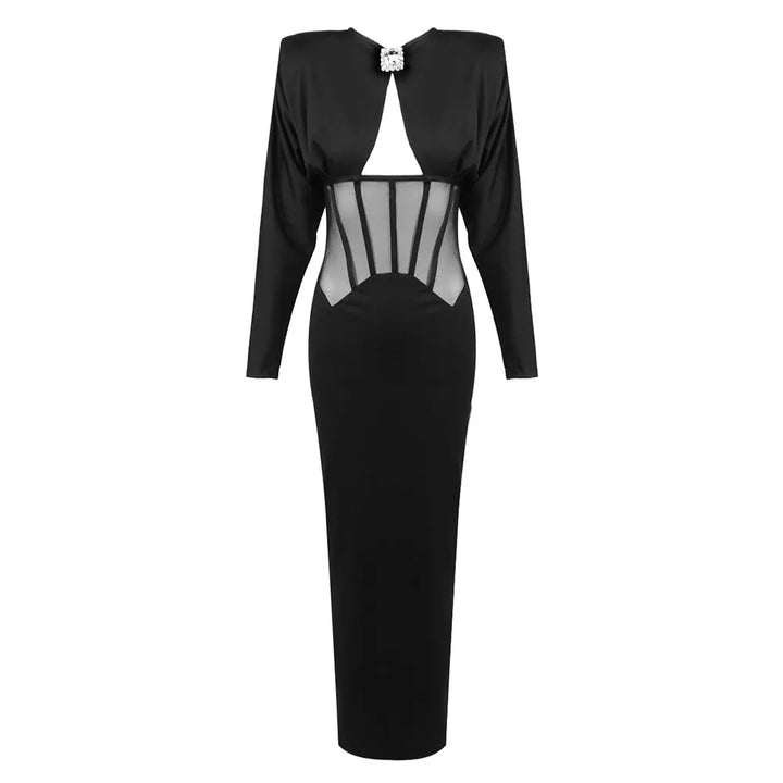 Maxi Dress with Mesh Corset Design and Diamond Buckle Decoration - AMOR