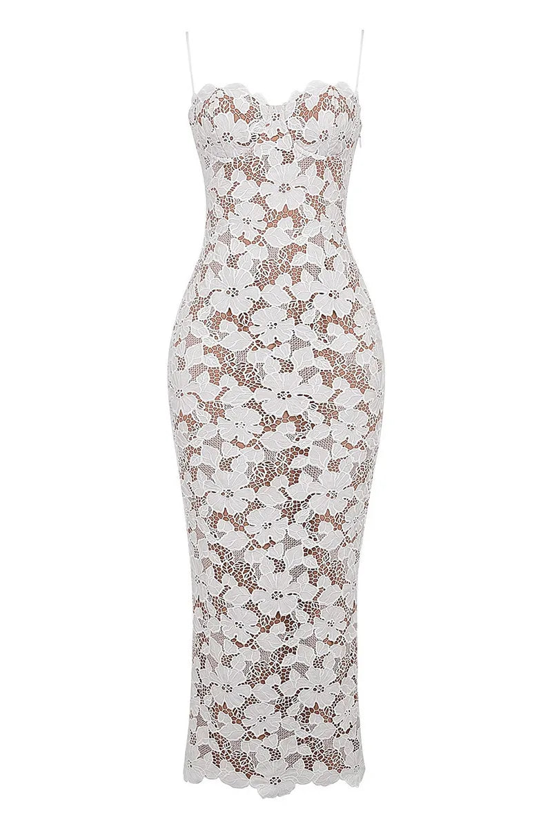 Lace Maxi Dress with Floral Embroidery and Back Ties - Veronica