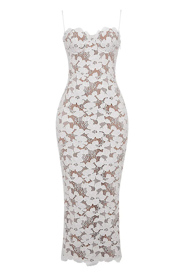 Lace Maxi Dress with Floral Embroidery and Back Ties - Veronica