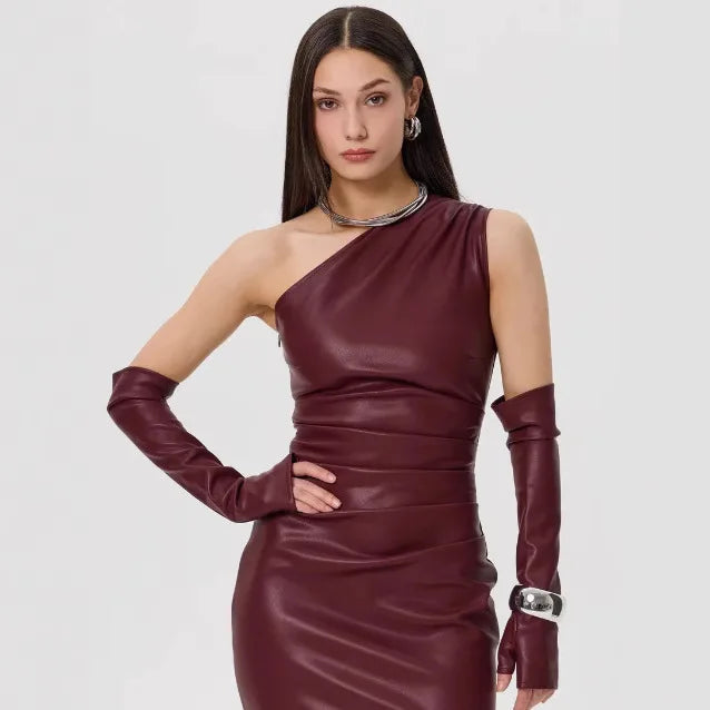 One-Shoulder Faux Leather Maxi Dress with Glove Detail - Thea