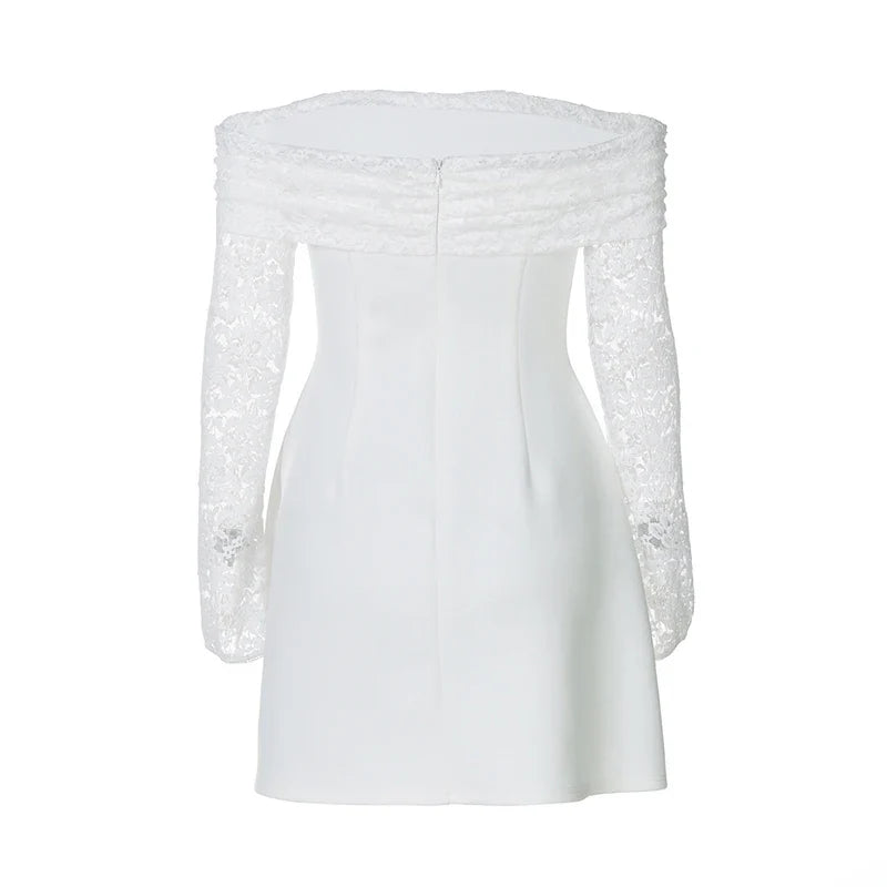 Satin mini dress with off-shoulder and lace sleeves - AMALIA