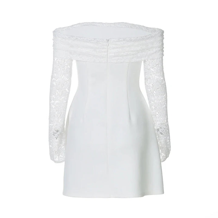 Satin mini dress with off-shoulder and lace sleeves - AMALIA