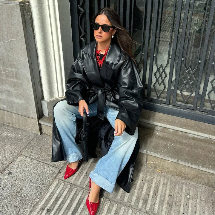 Long Leather Coat with Tie Belt - Sol