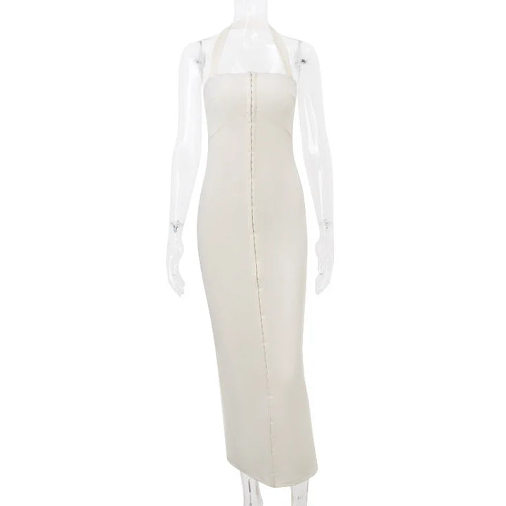 Fitted Maxi Dress with Pin Closure and Open Back - Natasha