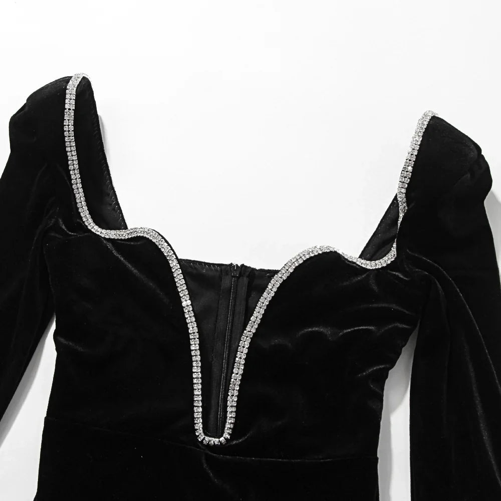 Mini velvet dress with deep V neckline decorated with diamonds - SANA